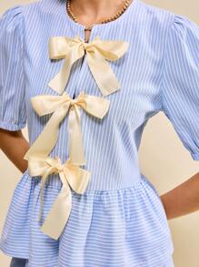 Muvela 2 Stücke Damen Sommer Set aus gestreiftem Top mit Schleifendekor und Puffärmeln sowie Shorts