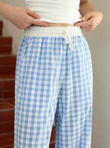 少女格子腰带口袋宽松直筒裤 - 藍色 - 查看 5