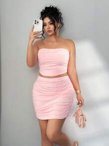 Elenzga Elegant Strapless Backless Top & Solid Color Ruffle Hem Bodycon Skirt 2 Pieces Plus Size Set - Coral Pink - View 6
