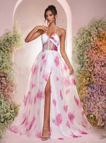 Glamrae Vestido Longo Maxi com Fenda em A, Estampa Floral Vermelha Elegante, Romântica e Luxuosa em Organza com Decote Ombro a Ombro e Decoração de Pérolas, Adequado para Férias, Convidado de Casamento, Baile de Formatura e Gala Formal à Noite