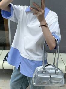 DAZY Women Regular Collar Striped Splice Short Sleeve Casual Korean Style T-Shirt