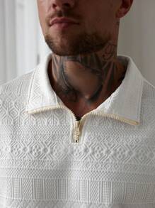Manfinity Homme Tricou polo bărbătesc cu textură geometrică, casual, cu mânecă scurtă - alb - Vizualizare 5