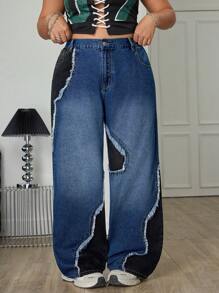 SHEIN EZwear 大码休闲水洗拼色磨边牛仔裤 - 藍色 - 查看 1