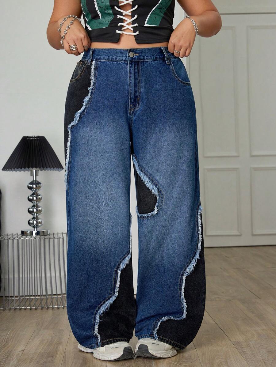 SHEIN EZwear 大码休闲水洗拼色磨边牛仔裤 - 藍色 - 查看 1