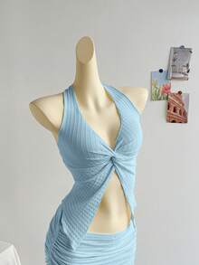 Soleia Bộ trang phục hai mảnh hở lưng cổ chữ V kết cấu mùa xuân/hè và váy ngắn xếp nếp, gợi cảm cho phụ nữ dự tiệc/hẹn hò/mùa hè, phù hợp cho kỳ nghỉ, lễ hội âm nhạc, phong cách Bohemian - Màu xanh nhạt - Xem 4