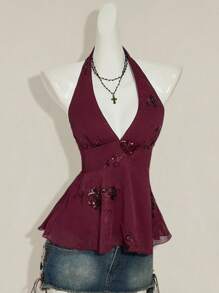 SHEIN ICON 女士时尚休闲露背串珠挂脖背心 - 酒紅色 - 查看 4