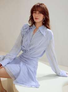 MOTF PREMIUM CHIFFON STRIPED PRINT STEREO FLOWER DETAIL RUCHED WAIST SHORT DRESS - Blue - View 1