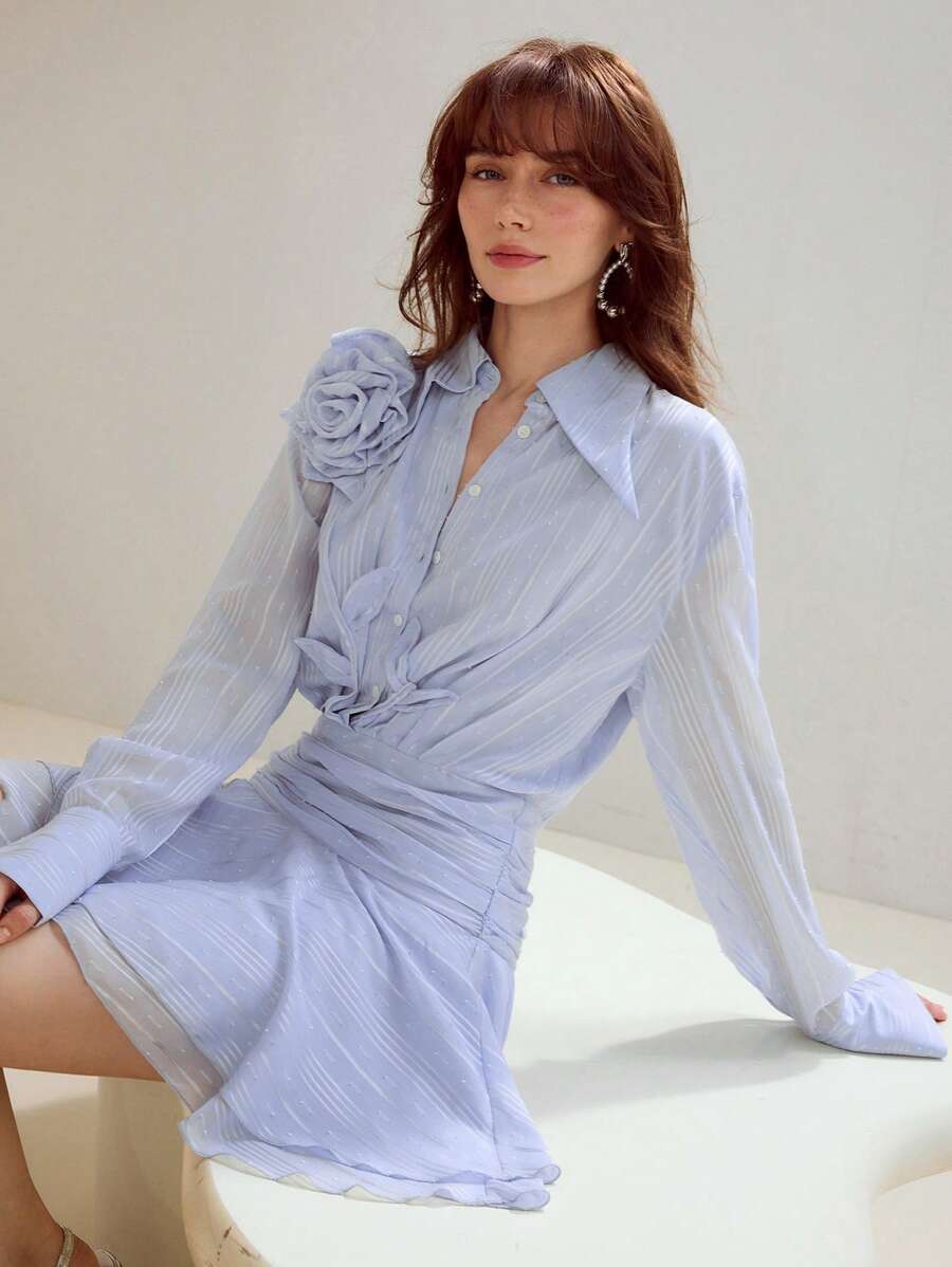 MOTF PREMIUM CHIFFON STRIPED PRINT STEREO FLOWER DETAIL RUCHED WAIST SHORT DRESS - Blue - View 1