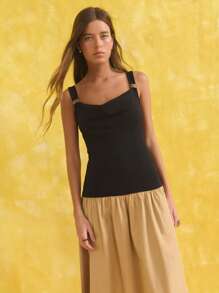 Nöista Black,Summer,Elegant,Brunch Women's Fitted Tank Smooth Knit Square Neck Ring-Detail Straps A-Line Cotton-Like Skirt Versatile Beach Airport Outfits - Khaki - View 1