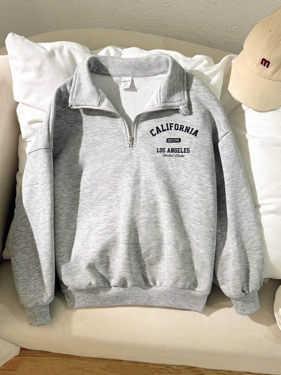 SHEIN 青少年女孩休闲街头风格迷彩和树叶印花宽松圆领落肩短款运动衫，军绿色 - 軍綠色 - 查看 1