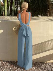 Livesso 2pcs Women Summer Solid Tie Back Sleeveless Shirt And Pants Set Vacation