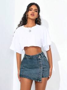 SHEIN PETITE 女式单排扣不对称下摆休闲牛仔裙裤 - 藍色 - 查看 3