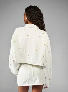 MISSGUIDED 柠檬印花刺绣牛仔卡车司机夹克超大纯棉白色春夏休闲街头时尚 - 白色 - 查看 2
