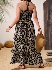 SHEIN VCAY Plus Size Summer Leopard Print Strapless Reversible Dress, Casual Retro Bohemian Style Ruffle Dress, Vacation Outfit - Multicolor - View 2