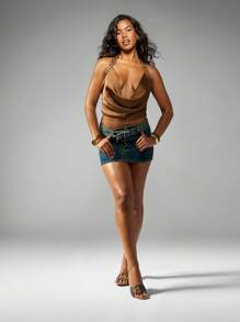 MISSGUIDED Bluzka z dekoltem typu halter, na letni festiwal, z odkrytymi plecami, na imprezę klubową, do tańca, na wieczorne wyjście, z regulowanym paskiem i metalicznym wykończeniem - Brązowy - Zobacz 3