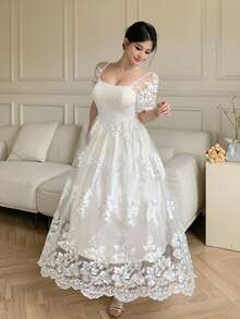 DAZY Đầm midi nữ thanh lịch phối ren, cổ vuông, tay phồng, thích hợp cho các dịp trang trọng, mùa hè. - trắng - Xem 4