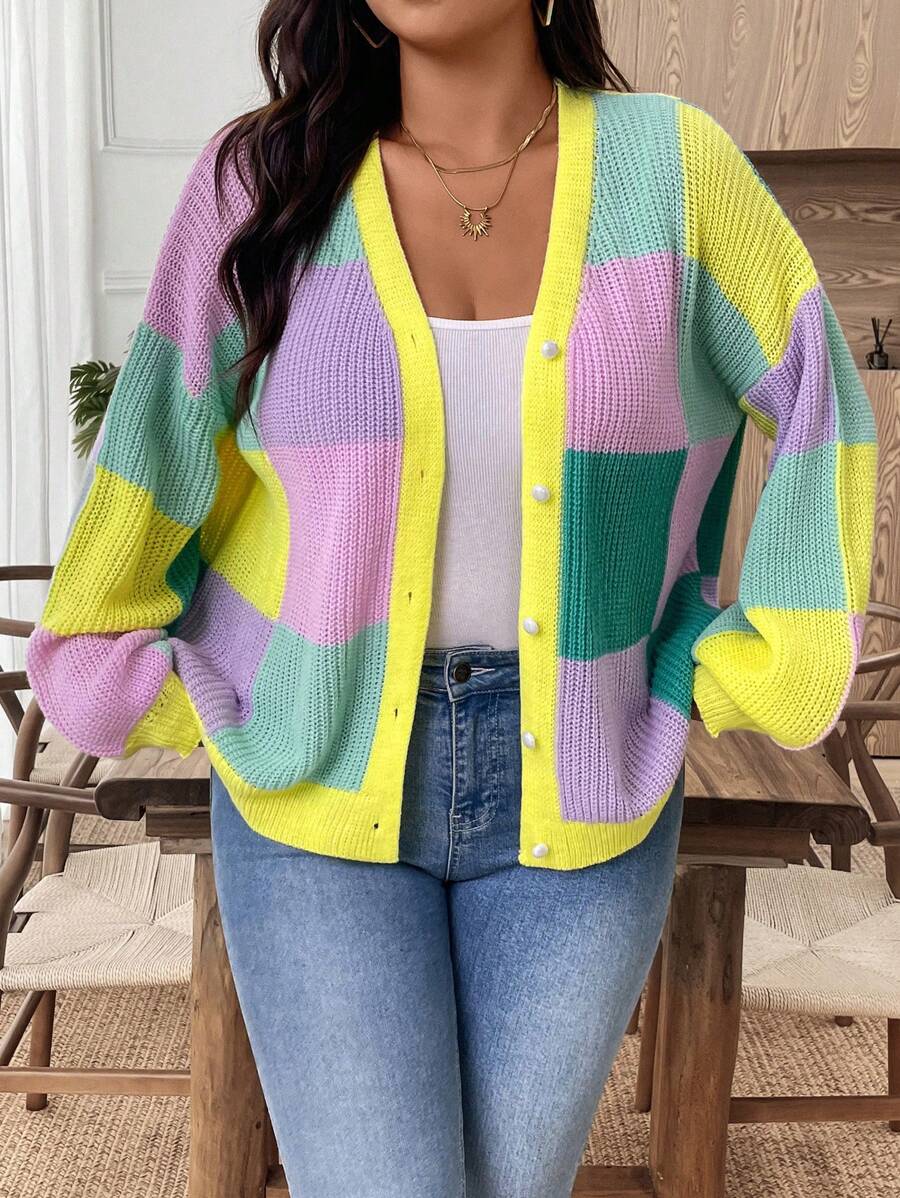 EMERY ROSE Plus Size Women Loose Casual Patchwork Cardigan Sweater Winter Fall Autumn