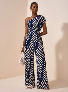 Zivah 2025 夏季新款假日优雅通勤单肩聚拢皇家蓝印花女式连体裤，日常旅行，休闲，朋友聚会，旅行，毕业装，早午餐装，返校，通勤，百搭