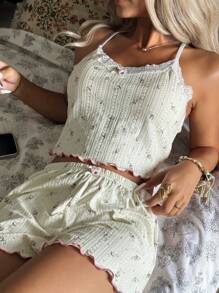 CottageSlumber Ditsy Floral Knit Fitted Women's Pajamas Set Floral Pajama Set Two Piece Summer Set Bountiful Floral Splendor  Cozy And Elegant Details - Beige - View 5