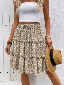 Breezaya 春夏花卉层叠荷叶边下摆A字裙