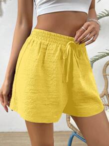 Vivid Eden Summer Beach Solid Knot Waist Shorts - Yellow - View 3