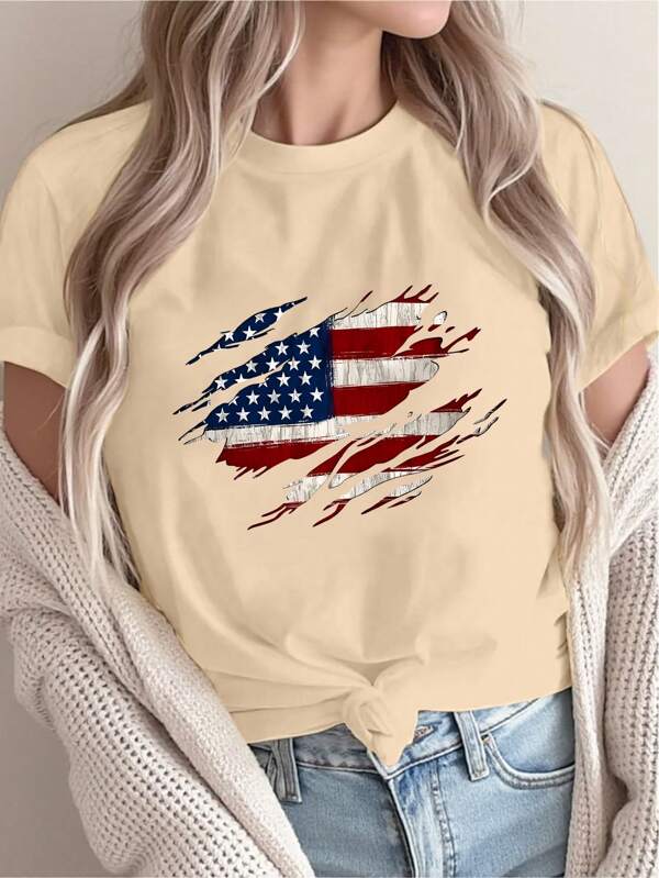 Calvaya Plus Size Women Independence Day Graphic Print Round Neck T-Shirt, Casual Short Sleeve Top For Summer And Spring