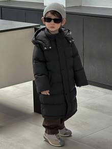 DAZY Abrigo acolchado de estilo coreano casual, suelto y de longitud media con capucha para niños pequeños - Negro - Ver 5