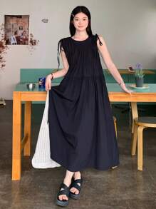 DAZY Đầm midi buộc eo không tay màu trơn phong cách Hàn Quốc mùa hè cho nữ - Màu xanh hải quân - Xem 4