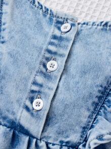 SHEIN Baby Girls' 2025 New Pink Ribbon Bow Accent Blue Denim Cap Sleeve Dress, Spring And Summer Casual Vacation Country Boho Wear - Light Wash - View 5