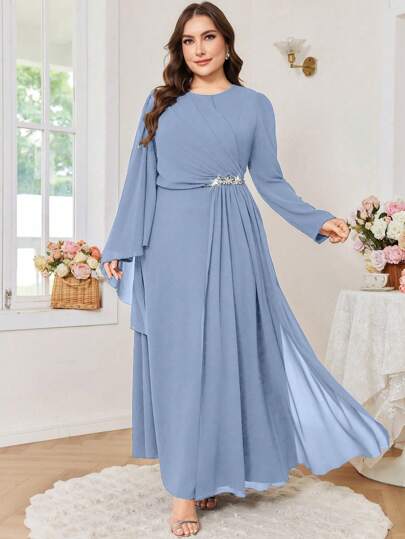 Modelyn Plus Size Dam Elegant Strass Utsmyckad Smal Midja Rund Hals Festklänning