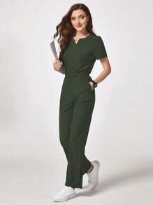 TaskEZ Conjunto de uniforme de pijama médico con top de manga corta de cuello en V de unicolor y pantalones con bolsillo - Verde militar - Ver 6