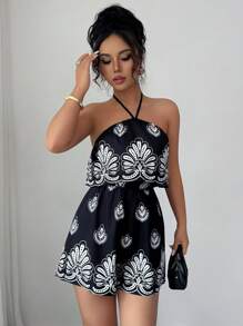 Elenzga Women's Floral Print Ruffle Trim Halter Neck Casual Romper - Black - View 7