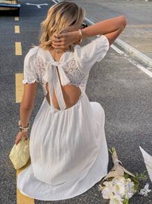 Serisse 女士棉质深V领蕾丝拼布露背连衣裙，优雅休闲度假连衣裙，派对连衣裙 - 白色 - 查看 1