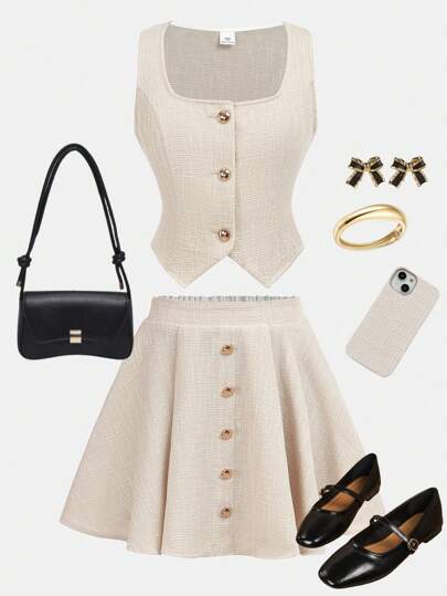 SHEIN Teen Girls Apricot 2pcs Elegant Vintage Solid Color Single-Breasted Top And Ruffle-Edged Umbrella Skirt Set, Little Fragrant Wind Metal Buckle Skirt Suit, Summer A-Line Skirt Set, Holiday Elegant Commuter Suit, For Daily Wear, Suitable For Spring, Summer And Autumn