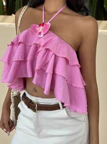 SHEIN EZwear بلوزة نسائية عادية للعطلة بياقة على شكل حبال مضفرة وذيل غير متماثل بلون الفوشيا