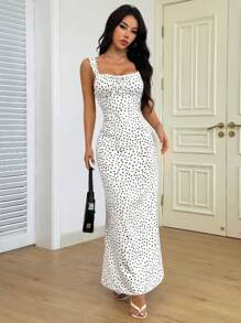 INAWLY Women Casual Vacation Polka Dot Cinched Waist Fitted Slip Dress