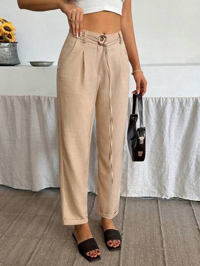 EURMUSE Women Solid Color Tie Front And Pocket Detailed Pants Linen Pants High Waist Pants Women Linen Pants Paperbag Waist Pants Tie Waist Pants
