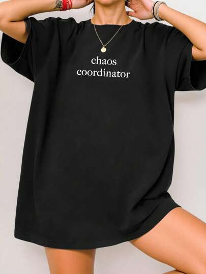 INAWLY Chaos Coordinator Slogan Black Loose Casual Women's T-Shirt