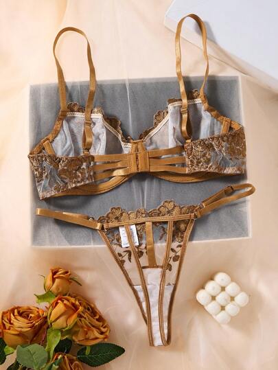 Semi Doorschijnende Coffee Bruin Bloemen Matching BH Slipje Set Everyday Elegance Kanten Lingerie Sets Panties Geborduurde view 2