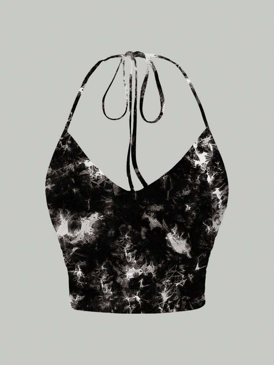SHEIN EZwear 休闲扎染露背系带修身衬衫 - 彩色 - 查看 1