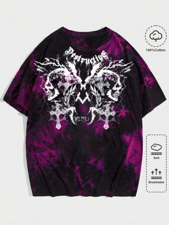Goth Men's Skull Letter Printed Tie-Dye Round Neck Y2k T-Shirt, School