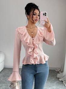 Chiquease Women's Ruffled Single Breasted Bell Sleeve Knitted Cardigan Fall Cloth For Women