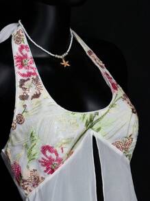 SHEIN ICON Top de cuello halter trasero descubierto con glitter, bordados, lentejuelas y estampado floral, para verano, ideal para salidas y vacaciones