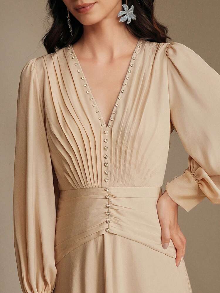 Elegant V-Neck Ruched Waist Slim Fit Dress, Fashionable And Chic For Spring/Summer