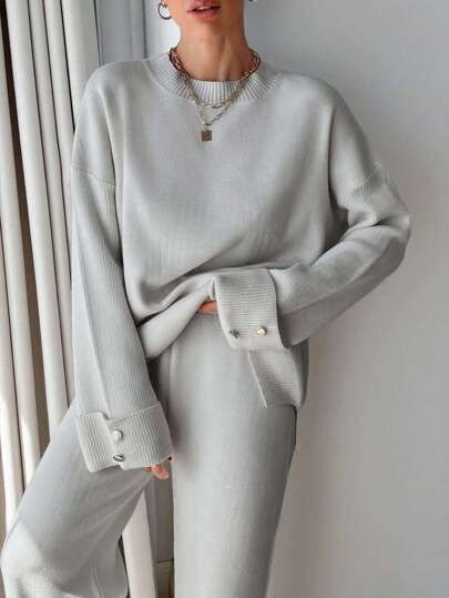 EURMUSE Women Button Detailed Sweater And Pant Set