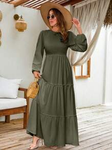 EURMUSE LANTERN LONG SLEEVE LAYERED LONG DRESS - Green - View 5
