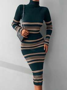 SHEIN Women's Striped Turtleneck Long Sleeve Fitted Knit Dress, Elegant,Petite