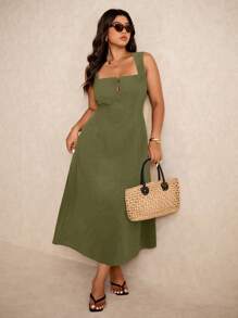 Elaquor 大码休闲纯色无袖连衣裙 - 軍綠色 - 查看 3