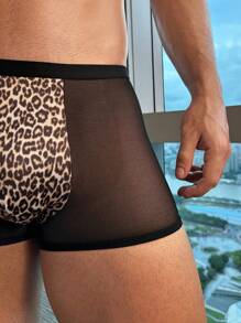 SHEIN Men's Leopard Print Patchwork Mesh Sexy Briefs Clear Trunk - Multicolor - View 3