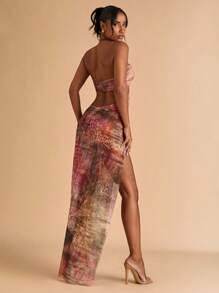 SHEIN BAE Robe de cache-maillot sexy à encolure montante avec décoration d'anneau en métal ajouré et imprimé intégral pour femmes - Tabac - Voir 2